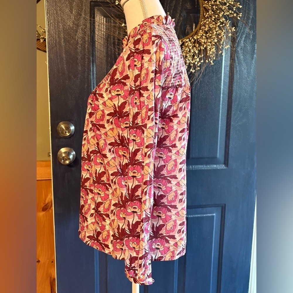 J. Crew Liberty Fabric Pink Floral Smocked Long Sleeve Top Button Back XS - Picture 3 of 11